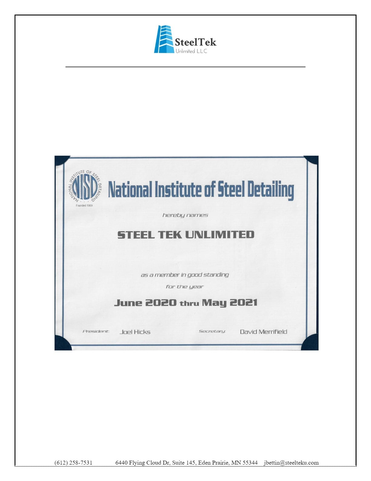 Steel Tek Unlimited 2021 AISC Brochure — NISD Certificate